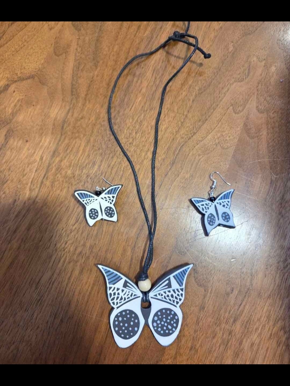 Ceramic Butterfly Necklace and Earring Set - White, Blue and Black